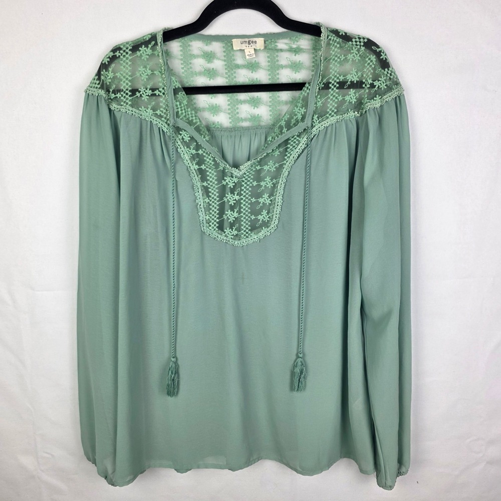 Umgee Green Lace Trim Tassel Boho Peasant Blouse Top‎ Women's Size Large Cottage